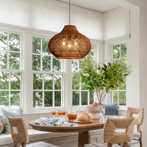 18.9IN Boho Rattan Chandelier 3-Lights Hand-Woven Rattan Pendant Light Farmhouse Wicker Dining Room Light Hanging Bamboo Pendant Light Fixture for Kitchen Island Living Room Hallway Reataurant - color: Brown-A