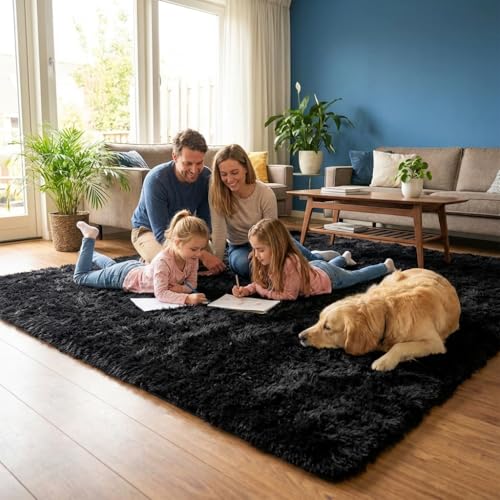 Mugorn Black Rugs for Living Room, 4x6 Feet Large Fluffy Area Rugs for Bedroom, Soft Carpet Shag Kids Rug for Nursery, Bedside, Indoor, Dorm Decor (4ft x 6ft, Black) - color: Black, size: 4ft X 6ft