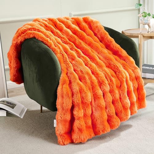 JONIYEAR Solid Fall Bubble Faux Rabbit Fur Throw Blanket for Couch 50" x 60", Decorative Comfy Puffy Warm Fuzzy Blanket for Winter, Extra Thick Shaggy Cozy Comfy Fluffy Blankets for Adult Kids, Orange - color: Orange - 900gsm, size: Travel/Throw Size - 50