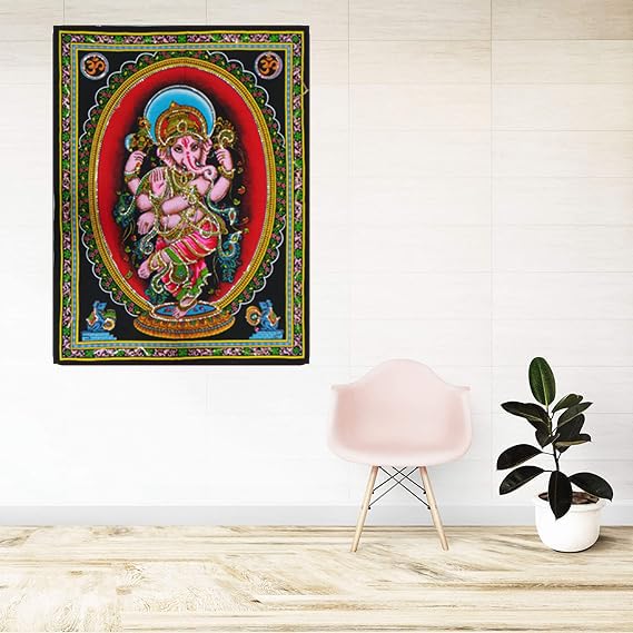 Rastogi Handicrafts Cotton Wall Hanging Indian Goddess Indian Deity 40" X 30" Poster Size (DANCING GANESH-G) - color: Dancing Ganesh-g