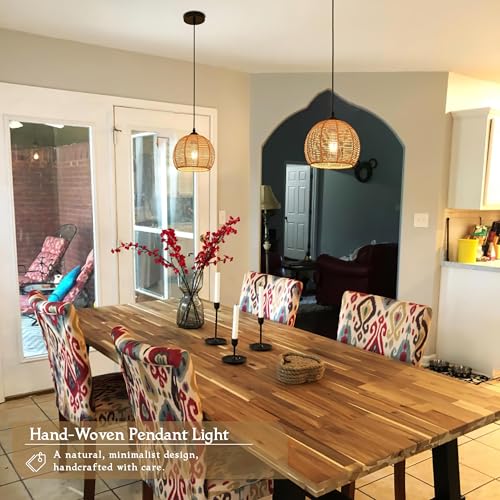 Mini Hemp Rope Woven Pendant Light Woven Light Fixture Boho Chandelier Light Fixture Wicker Pendant Light Rattan Light Pendant Dome Wicker Chandelier for Bedroom Kitchen Island(Bulb Incl.) - color: 8.7" Natural