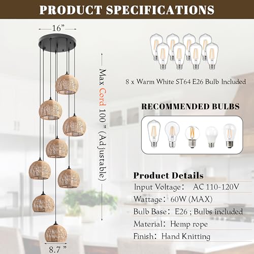 8-Light Woven Foyer Chandeliers for High Ceiling H100",8 Dome Boho Rattan Pendant Lights Farmhouse Ceiling Light,rustic Hemp rope Light Fixture For Living Room Hallway Staircase Entryway (Bulb Incl. - color: 16" Natural 8-Light