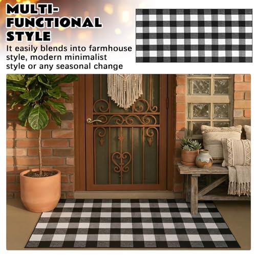Drydiet 2 Pcs Black and White Buffalo Plaid Rug 2.3 x 3.6 ft Outdoor Front Door Rug Cotton Spring Decor Washable Doormat Modern and Simple Farmhouse Layering Mats for Front Porch Home Entryway Decor