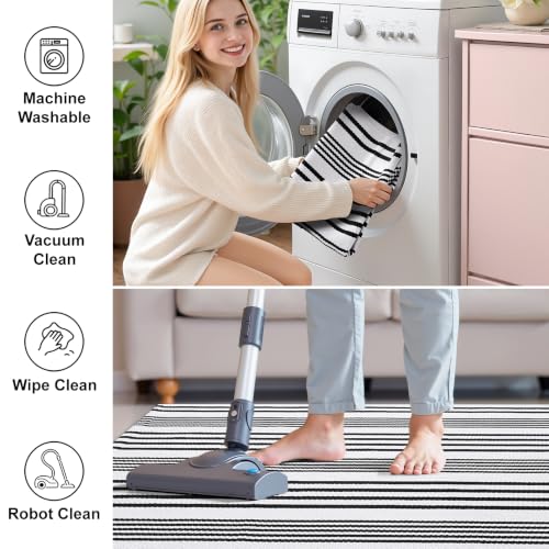 OLANLY Black White Modern Striped Rug 2' x 4'3" (24" x 51") – Washable Cotton Indoor Outdoor Doormat for Front Door, Entryway, Kitchen, Porch, Patio Decor - color: Black and White, size: 2' X 4'3" (Rectangular)