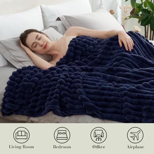 Amélie Home Faux Fur Throw Blanket for Couch, Cozy Fuzzy Fluffy Fur Luxurious Soft Striped Plush Gift Blankets for Family Sofa Chair Bedroom, 55"x70", Navy Blue - color: Striped Navy Blue, size: Throw(55"x70")