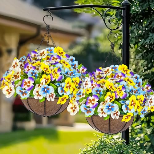 Artificial Hanging Flowers Plants Baskets Outdoor Outside Decoration, Pansies UV Resistant Waterproof Spring Fake Silk Flowers Faux Hanging Planters for Porch Patio Balcony Yard Home Decor - color: 1 Set – Pansies Tri-color (Purple/Yellow/White)