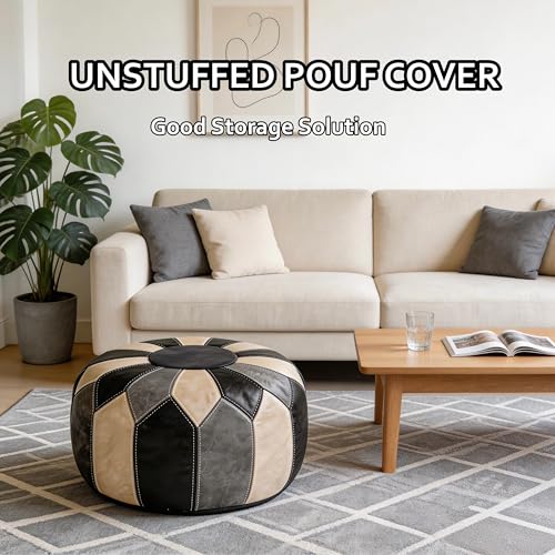 Thgonwid Round Unstuffed Pouf Cover, Faux Leather Storage Ottoman, Boho Moroccan Foot Stool, Multi-Purpose Home Decor for Living Room, Bedroom and Balcony, Black Grey, No Filling Included - color: Black Grey（no Stuffing）
