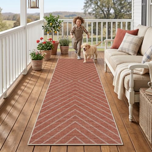 Garvee Easy Jute 2x6 Washable Kitchen Runner Rug, Non Slip Striped Rugs for Entryway Hallway, Indoor Outdoor Rug Farmhouse Modern Carpet Door Mat for Porch Bedroom Laundry Room 2'x6' Terracotta - color: Striped|terracotta, size: 2' x 6' (Runner)