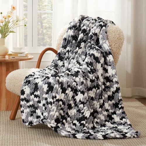 Amélie Home Chunky Knit Throw Blanket for Couch, Soft Chenille Handmade Crochet Throw Rope Knot Blanket for Couch, 50"x60", Space-Dyed Black - color: Black&white, size: 50"x60"