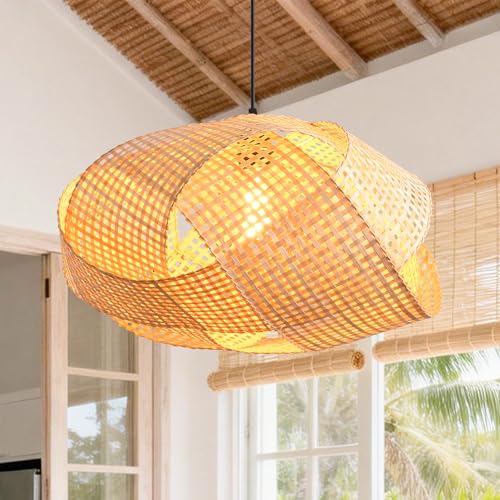Bohemia Chandelier Light for Dining Room, Woven Bamboo Pendant Light, Hand-Woven Rattan Boho Ceiling Light for Kitchen Island Bedroom, Natural Wood Hanging Lamp with 47.2" Adjustable Cord - color: D3051