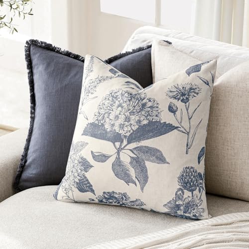Foindtower Set of 2 Linen Floral Vintage Throw Pillow Covers Neutral Accent Print Decorative Cushion Covers Farmhouse Boho Home Decor for Sofa Chair Couch Bedroom Living Room,18×18 Inch,Blue - color: Aegean Blue, size: 18" x 18" (Pack of 2)
