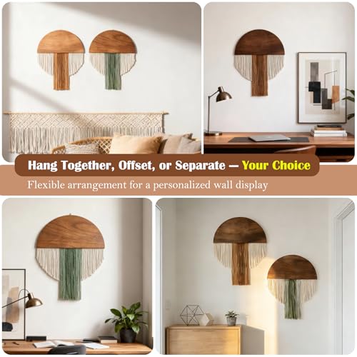 2-Piece Macrame Wall Hanging Set, Handmade Boho Wall Decor with Wooden Board & Round Tassels, Bohemian Fiber Art Tapestry for Living Room, Bedroom, Office, Headboard - Modern Wall Art 16" W X 20" L