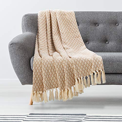 Americanflat 50x60 Throw Blanket - Soft and Breathable Cotton Throw Blanket for Couch, Bed, Chair - Decorative Blankets Perfect for Home, Office, or Outdoor Use - Khaki and White Mini Diamond Design - color: Omala Camel and White Mini Diamond