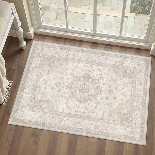 PureCozy Beige Area Rug 2x3 Washable Vintage Small Carpet for Entryway Kitchen Soft Retro Low Pile Thin Door Mat Non Slip Oriental Medallion Throw Rug for Bathroom Office Bedroom Dining Room - color: Beige, size: 2' x 3' (Rectangular)