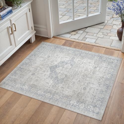 PureCozy Blue 2x3 Washable Entryway Indoor Rug Non-Slip Floral Vintage Distress Print Pattern Medallion for Living Room Thin Low Pile Soft Doormat for Kitchen Laundry Dining Room - color: Vintage 3丨grey, size: 2' x 3' (Rectangular)