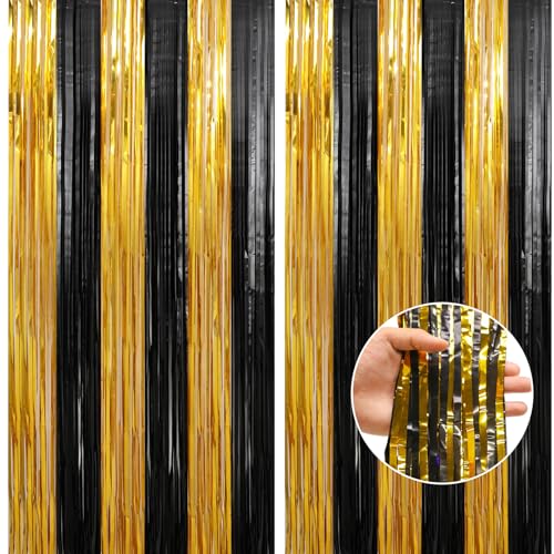 Crosize 2 Pack 3.3 x 9.9 ft Gold and Black Foil Fringe Curtains Party Decorations, Gold Tinsel Curtain Backdrop for Parties, Door Streamers, Glitter Streamer Fringe Backdrop for Birthday Decoration - color: Gold and Black, size: 2 Pack