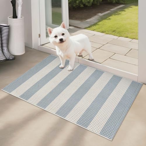 Blue and Cream Striped Rugs 2'x3', Washable Hand Woven Front Door Rug, Outdoor Welcome Mat Foldable Front Door Mats for Entryway Outside Home Entrance Farmhouse - color: Blue, size: 2'x3'