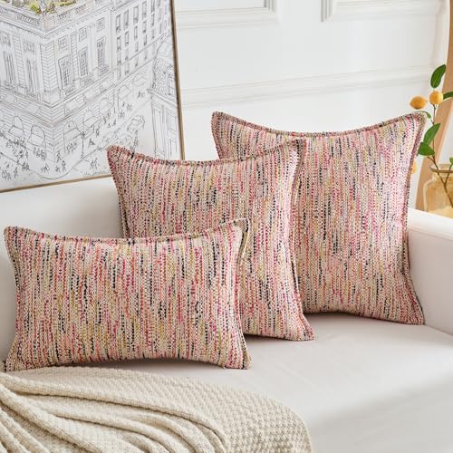 Premium Series Fringe Boho Throw Pillow Cover, Linen Woven Luxury Thick Cushion Case with Tassels for Home Décor, Pink, 20x20 Inch - color: Pink, size: 20" x 20" (Pack of 1)