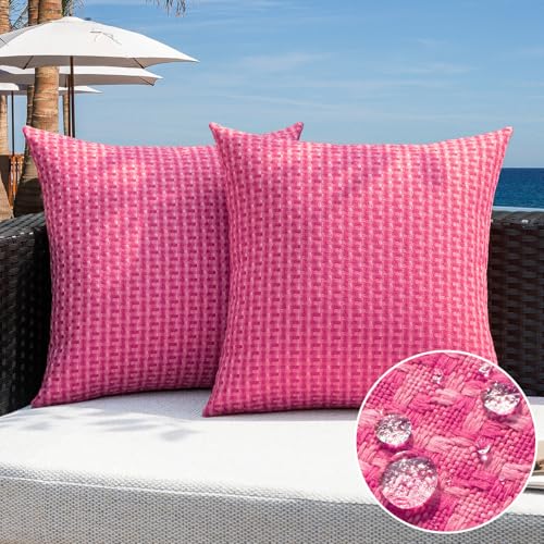 Kevin Textile Outdoor Waterproof Throw Pillow Covers Pack of 2 Valentines Day Weaving Texture Water Resistant Decorative Cushion Covers for Garden Patio Tent Balcony Bench Couch 18x18 Inch, Hot Pink - color: Hot Pink, size: 18" x 18" (Pack of 2)