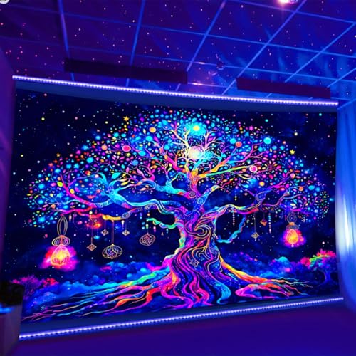 TUGCAY Blacklight Tree of Life Tapestry UV Reactive Tree Tapestries Nature Galaxy Space Tapestry Colorful Starry Sky Wall Hanging Decor for Bedroom (60" X 80") - size: 80"L x 60"W