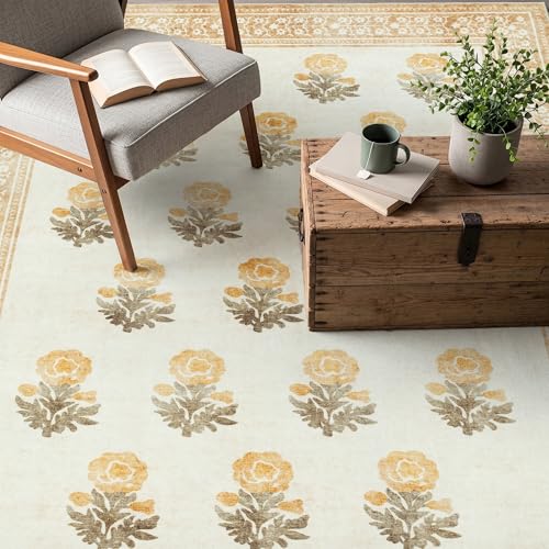 Beige Brown Floral Living Room Rug 5x7 Area Rug - Vintage Washable Rug for Dining Room, Bedroom, Ultra Soft Low Pile Non Slip Stain Resistance Distressed Boho Farmhouse Flower Carpet - color: Beige/Brown/Yellow, size: 5' x 7' (Rectangular)