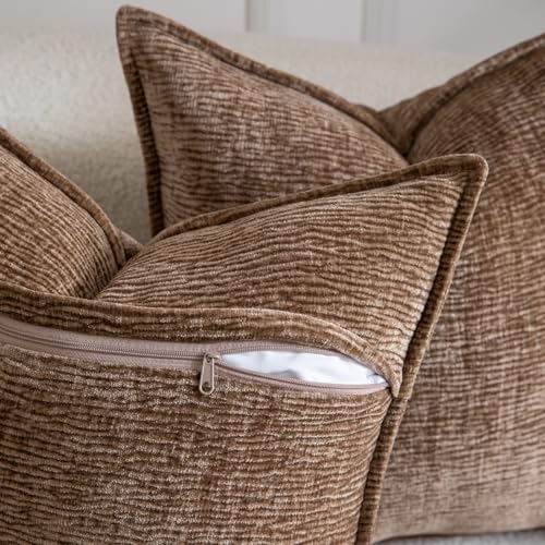 MADIZZ Pack of 2 Decorative Throw Pillow Covers Soft Chenille Throw Pillows Solid Textured Cushion Covers for Couch Sofa Bedroom Living Room 16x16 Inch, Brown - color: Brown, size: 16" x 16" (Pack of 2)