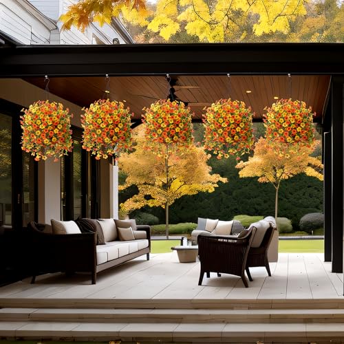 Artificial Fake Hanging Flowers Plants with Basket for Outdoor Decor, Fake Daisy Flower Plants No Fade Plastic Faux Silk Hanging Flowers Spring Decoration for Outside Garden Porch Patio(Yellow Orange) - color: Gyellow Orange