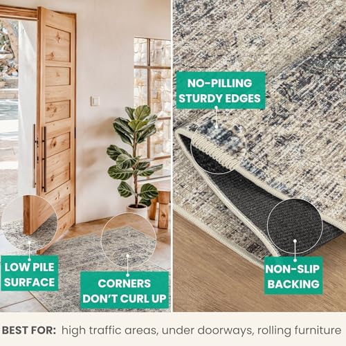 Bloom Rugs Washable Non-Slip 2x3 Rug - Beige Brown/Teal Traditional Oriental Area Rug for Living Room, Bedroom, Dining Room, and Kitchen - Exact Size: 2' x 3' - color: Beige Brown / Teal, size: 2' x 3' (Rectangular)