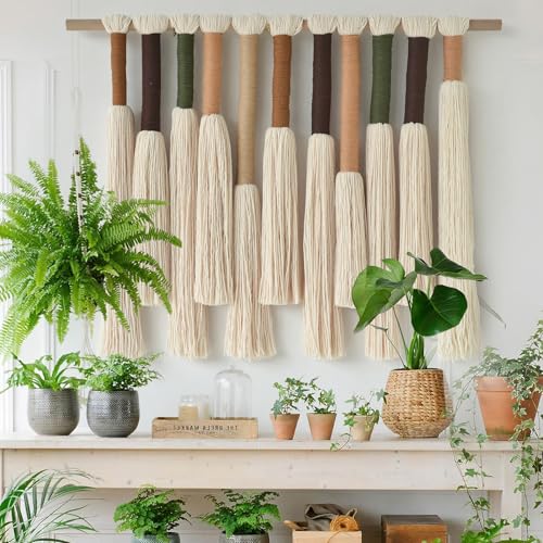 Macrame Wall Hanging Boho Home Decor Handmade Cotton Fiber Art with Neutral Ivory Tassels Modern Bohemian Wall Decor for Living Room Bedroom Apartment 27" W x 22" L - color: Ivory Colorful