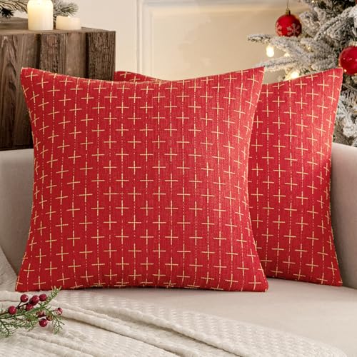 MIULEE Pack of 2 Christmas Decorative Burlap Linen Throw Pillow Covers Modern Farmhouse Pillowcase Rustic Woven Textured Cushion Cover for Sofa Couch Bed 18x18 Inch Christmas Red - color: Christmas Red, size: 18" x 18" (Pack of 2)