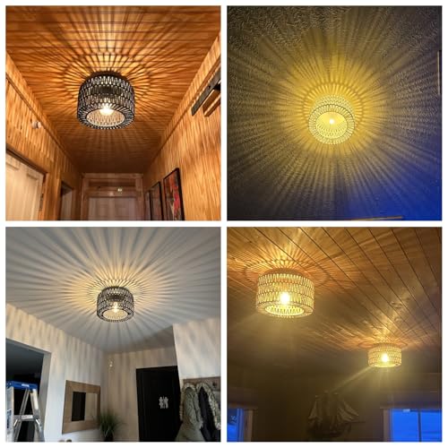 SineRise Rattan Ceiling Light Fixtures (12-Inch, LED Bulb Included), Hand-Woven Boho Flush Mount Ceiling Light, Rattan Chandelier for Hallway Kitchen Farmhouse Foyer Entryway Living Room(Black) - color: Black, size: Small