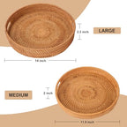 Round Rattan Serving Tray with Handles, Natural Wicker Decorative Tray for Serving, Fruit/Bread Serving Basket, Round Woven Tray，13.8inch+11.8inch, Gift Idea Choice (M+L) - size: 13.8"+11.8"