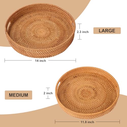 Round Rattan Serving Tray with Handles, Natural Wicker Decorative Tray for Serving, Fruit/Bread Serving Basket, Round Woven Tray，13.8inch+11.8inch, Gift Idea Choice (M+L) - size: 13.8"+11.8"