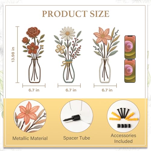 CarryWise 3 Piece Metal Flower Wall Art for Bedroom Living Room Rustic Farmhouse Floral Wall Decor for Bathroom Dining Room Boho Home Decorations Modern Minimalism Walls Hanging Sculptures - color: Red & Vase flower