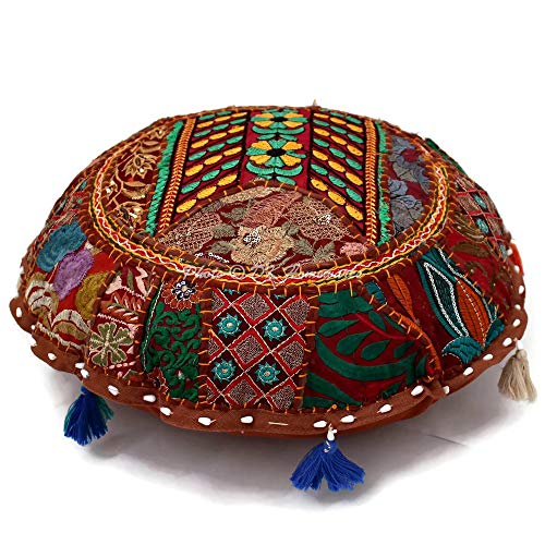 Round Bohemian Floor Pillow Boho Dark Brown 18 Inch Patchwork Yoga Ottoman Stool Home Decor Embroidered Vintage Cotton Indian Floor Cushion Adult 45 cm