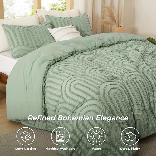 Bedsure Boho Tufted Green Comforter Set Queen Size, GentleSoft™ 3 Pieces Boho Farmhouse-Style Decor Bedding, Arch Bedding for All Seasons, 1 Bed Comforter, 2 Pillow Shams, 90x90 Inches - color: 02 - Arch Jacquard Green, size: Queen (90" x 90")