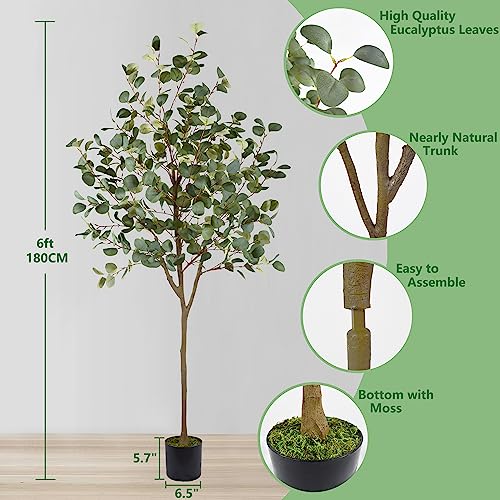 Warmplants Artificial Eucalyptus Tree, 6ft Tall Fake Eucalyptus Plant with Basket, Green Silver Dollars Silk Leaves Faux Tree for Home Office Livingroom Floor Decor Indoor - size: 6ft
