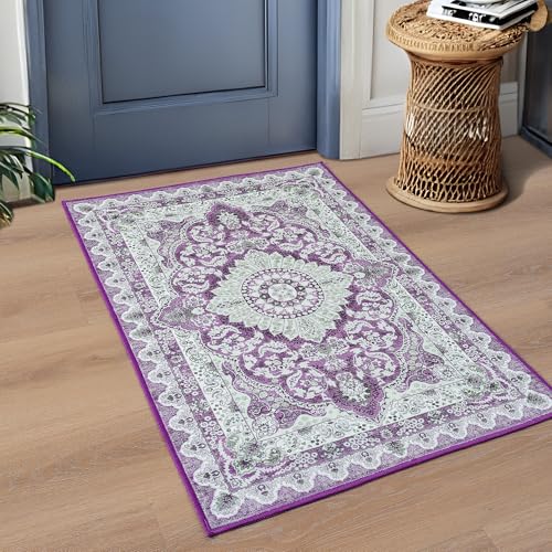 Foxmas Small Rugs for Entryway 2x3 Feet, Non-Slip Doormat Indoor Entrance Vintage Washable Area Rug, Low Pile Throw Rugs for Entryway Bedroom Kitchen Living Room, Purple - color: Purple, size: 2' X 3' (Rectangular)