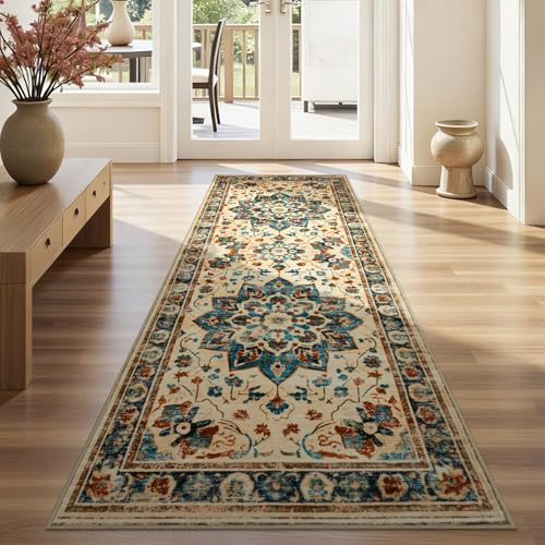 Joydeco Washable 2x6 Hallway Runner Vintage, Beige & Blue & Reddish-Brown | Water Resistant Low Pile Non Slip Backing for Kitchen Entryway Bedroom Bathroom Dining Room - color: Beige&blue&reddish-brown, size: 2' x 6' (Runner)