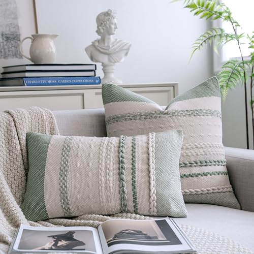 Cethom Boho Lumbar Pillow Covers 12x20 Inch Set of 2, Sage Green Textured Decorative Couch Pillow Cases for Farmhouse Home Decor, Accent Cushion Cover for Sofa, Bed, Living Room, Bedroom - color: Sage Green, size: 20" x 12" (Pack of 2)