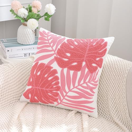 Embroidered Throw Pillow Covers 18x18 Pack of 2 Pink Botanical Tropical Leaf Pillow Covers Beach Ocean-Themed Decorative Cushions Case Farmhouse Boho Plant Tufted Pillowcases for Summer - color: Pink Tropical Leaf, size: 18" x 18" (Pack of 2)