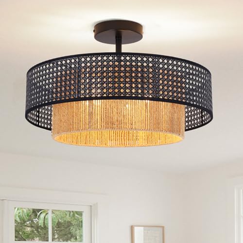 17.7" Black Bohemian Wicker Flush Mount Ceiling Light, Hand-Woven Double Layer Drum Semi-Flush Fixture for Bedroom, Living Room, Dining Room, Hallway & Kitchen - color: 17.7'' Rattan&Hemp rope Black