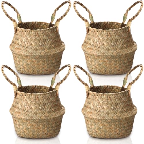 Qunclay 4 Pcs Woven Seagrass Baskets Belly Basket Folding Boho Natural Plant Pot with Handles Round Decorative Wicker Large Indoor Planter for Home Outdoor Tree Planters Decor (Xs,7.9''dx6.3''h) - size: XS,7.9''Dx6.3''H