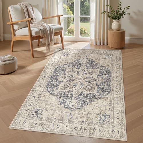 Tortania Area Rug Living Room Rugs - 3x5 Washable Rug Vintage Oriental Distressed Farmhouse Small Thin Indoor Carpet for Living Room Bedroom Under Dining Table Home Office - Cream Blue - color: Cream/Blue, size: 3' x 5' (Rectangular)