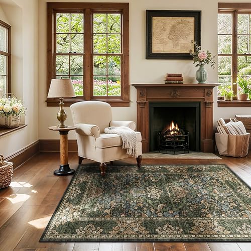 3x5 Floral Washable Area Rug for Living Room, Vintage Boho Rugs for Bedroom Dining Room, Botanical Birds Non Slip Low Pile Forest Throw Carpet for Farmhouse Office, Retro Gold/Green - color: Gold Green (Larger Pattern), size: 3' x 5' (Rectangular)