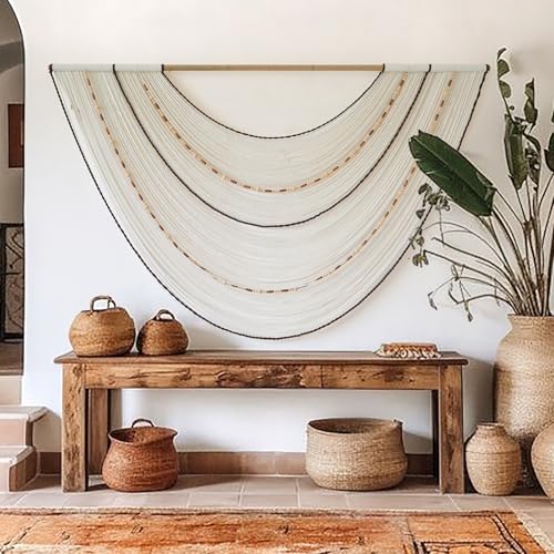 Flber Macrame Wall Hanging Handcrafted Boho Wall Decor Bead Woven Wall Hanging for Bedroom, Living Room, Entryway, Farmhouse or Nursery Bohemian Home Aesthetic 57"x35" - color: Ivory