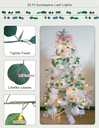 suddus Vines with Lights Plug in, 33ft 100 LED Eucalyptus Garland String Light Connectable with Remote, Leaf Lights for Bedroom, Room, Wall, Garden, Party, Wedding Dorm Decor (Warm White) - color: Eucalyptus, size: 100 LED-Plug-Clear Wire