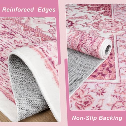 Macgace Bright Pink Area Rug for Girls Bedroom, 3x5 Soft Washable Rugs with Non-Slip Backing for Living Room, Cute Vintage Carpet for Kitchen Laundry Kids Room Decor - color: Pink & White, size: 3' x 5' (Rectangular)