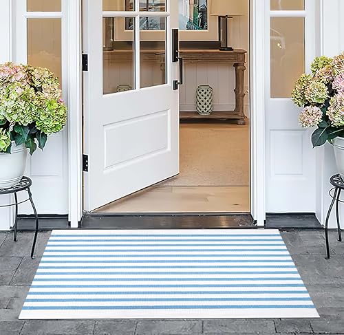 Front Outdoor Door Mat 2'x3',Light Blue Striped Outdoor Rug Machine Washable Cotton Layered Door Mat Entryway Throw Rug for Indoor Entrance - color: Light Blue, size: 2' x 3' (Rectangular)
