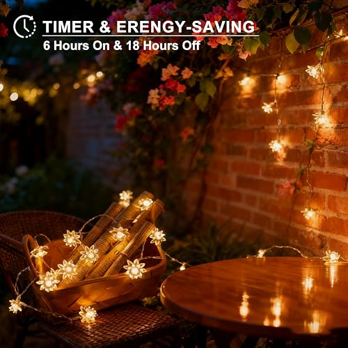 echosari Flower String Lights Battery Operated, 158" 40LED Lotus Flower Fairy Lights with Auto Timer 8 Modes, Soft Rubber Flowers Lights for Kids' Room Garden Patio Décor (Warm White) - color: Warm White